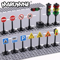 Marumine Traffic Road Sign Light Lamp Block Brick City Street View Accessories Signpost Barrier Speed Limit Indicator Warning