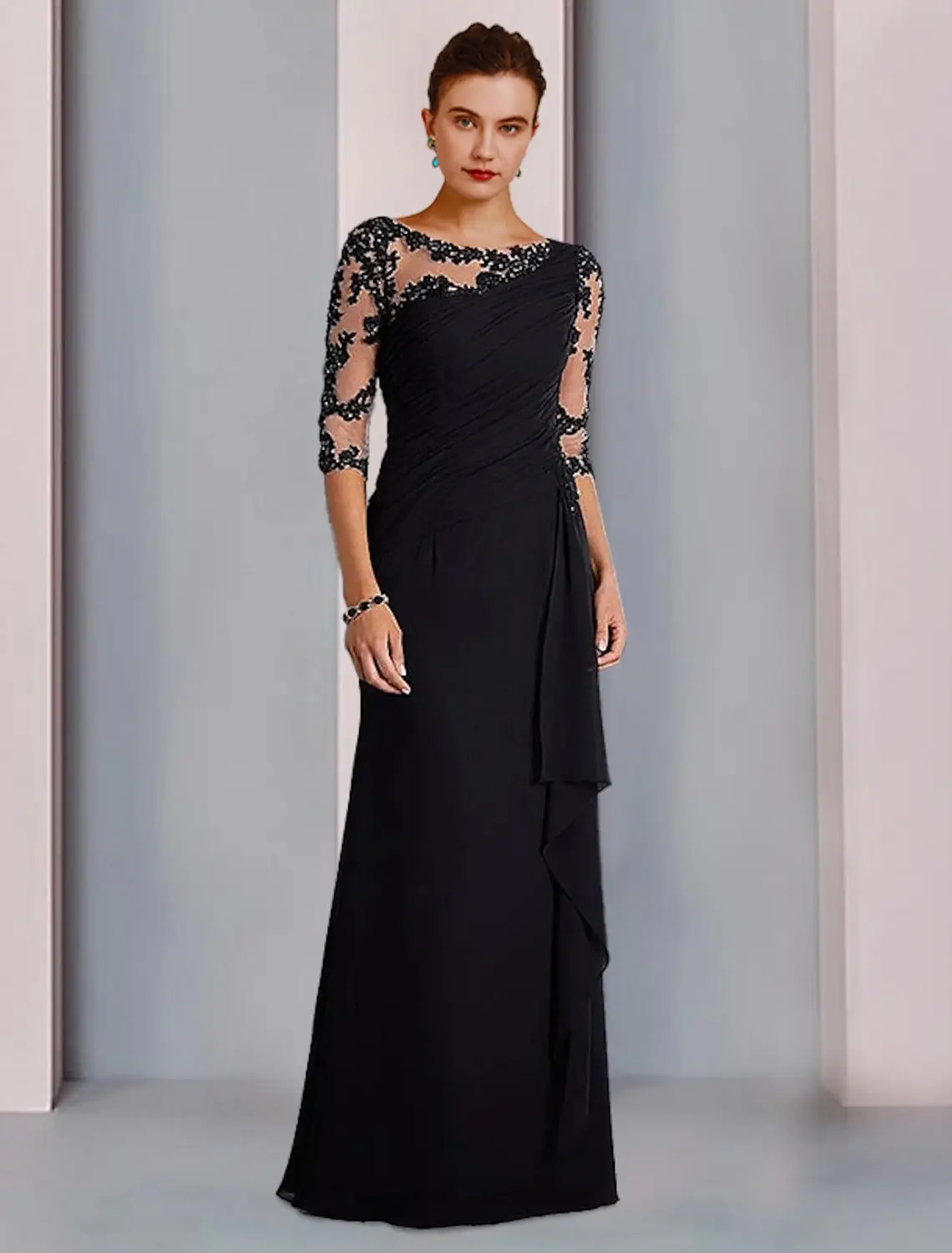 

Customized Long Chiffon Black Jewel Neck Mother of the Brides Dresses Sheath 3/4 Sleeve Pleated Floor Length Godmother Dresses
