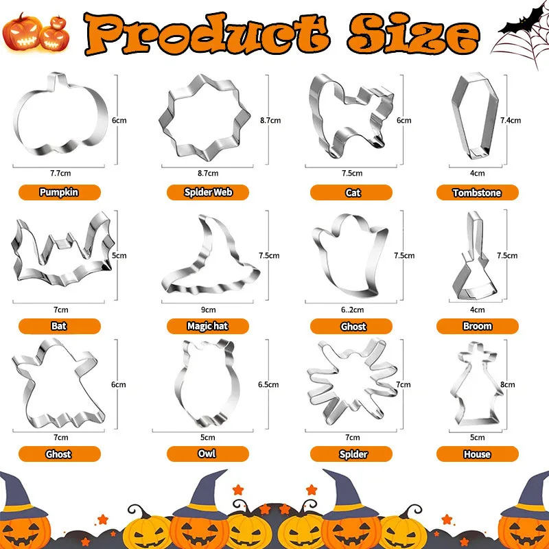 

12pcs Stainless Steel Cookie Cutter Mold 2025 Halloween Cartoon Pumpkin Bat Ghost Spider Web Baking Molds Kitchen Baking Tools