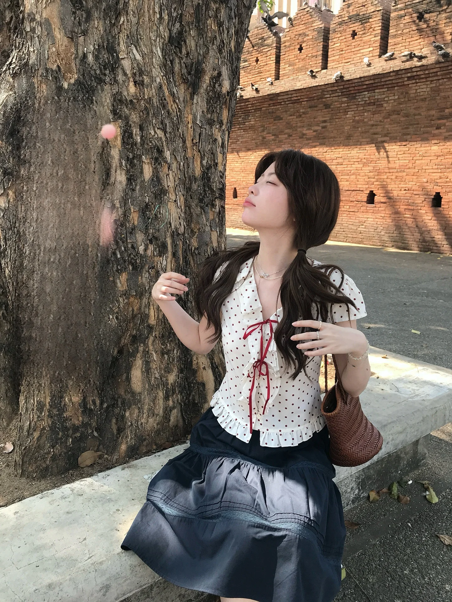 

PtonUmi Polka Dot Holiday Shirt Women's Short Sleeve V-Neck Ruffle Waist Cinched Summer New Style Floral Print Sweet Style