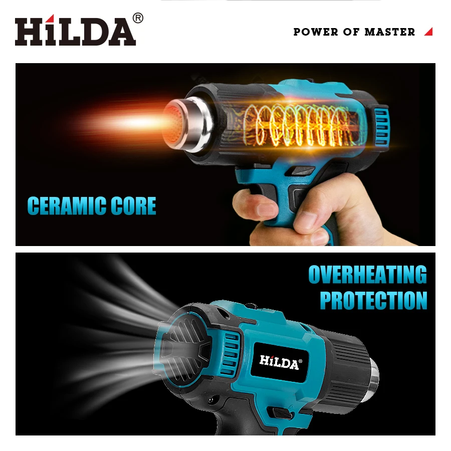 هيلدا يده مسدس هواء ساخن درجة الحرارة قابلة للشحن اللاسلكي المحمولة لماكيتا 21 فولت بطارية مسدس الحرارة الكهربائية مع فوهات
