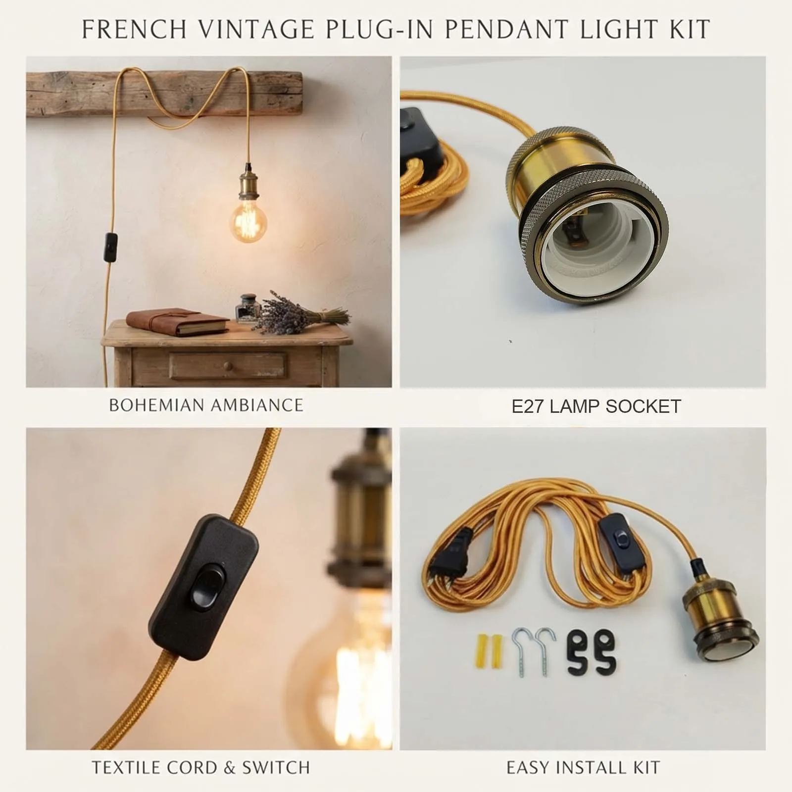 Industrial Pendant Lamp Cord, Gold Braided Wire, E27 Socket, EU Plug, Retro