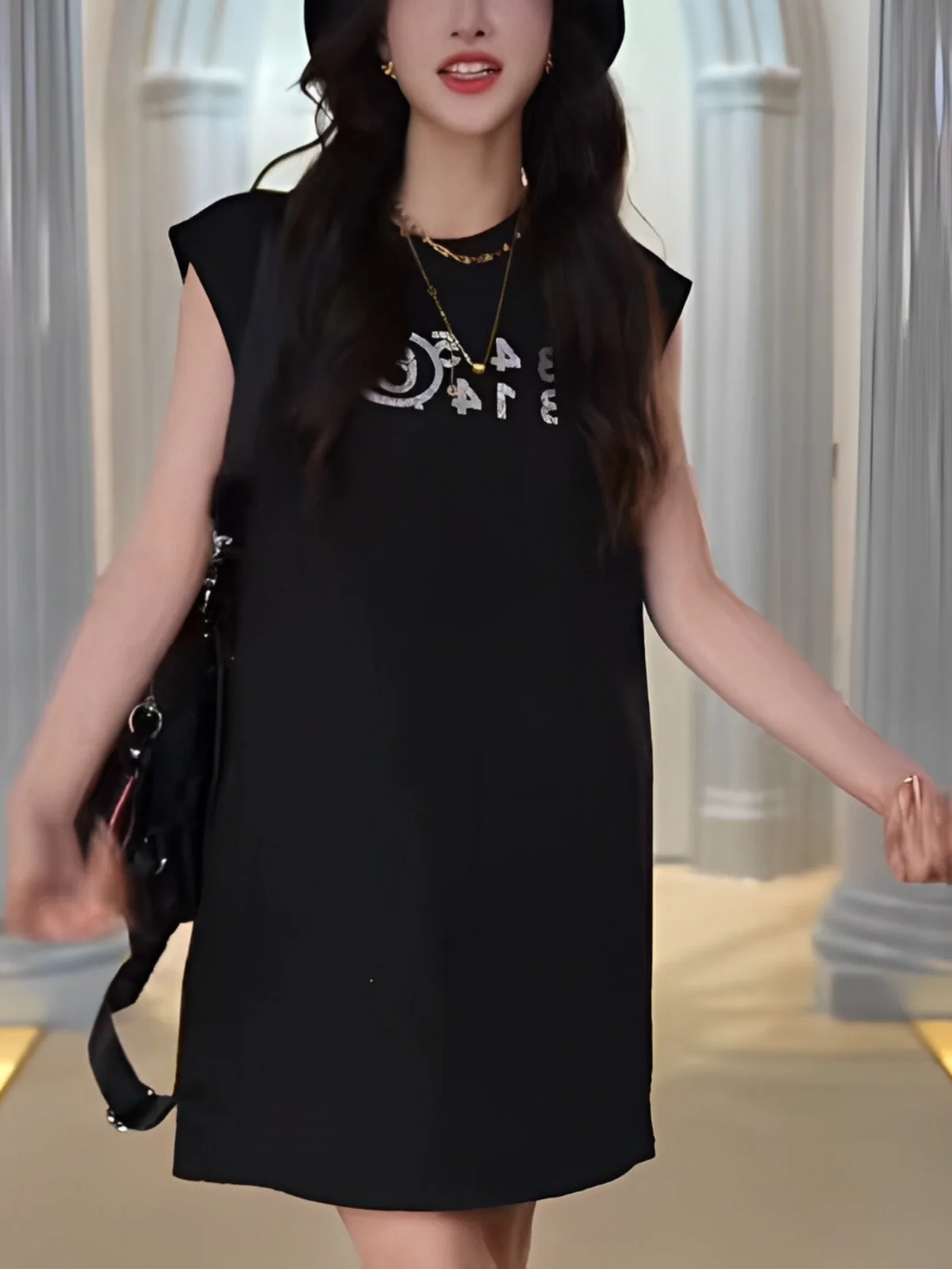 

Bla Svel T-irt Dr Women's Summer Faion Slimming oulder Pad Mid-Length Skirt Commute Sle Korean Version