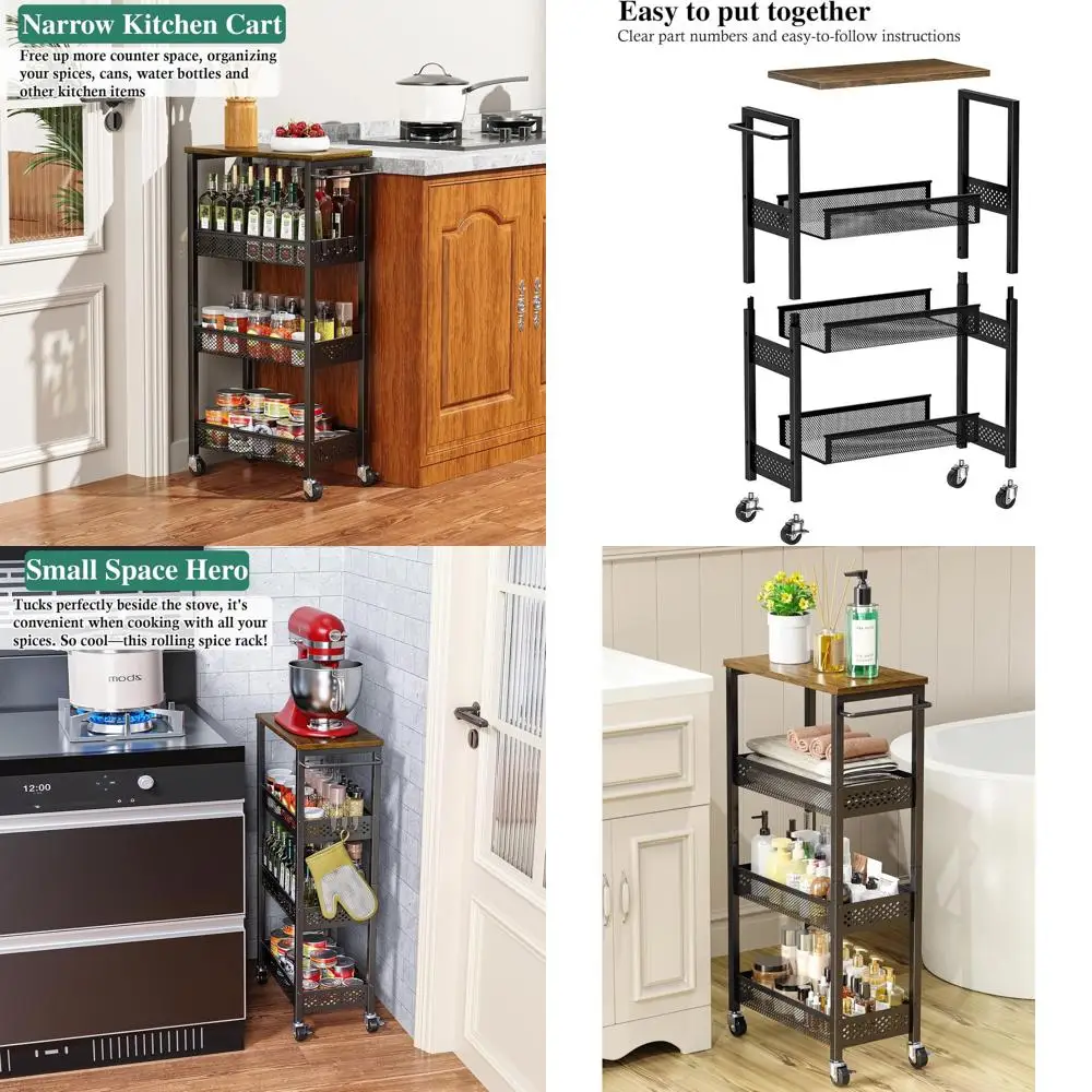 

4-Tier Metal Slim Storage Cart with Wooden Top for Bathroom, Kitchen, and Laundry Room Organization