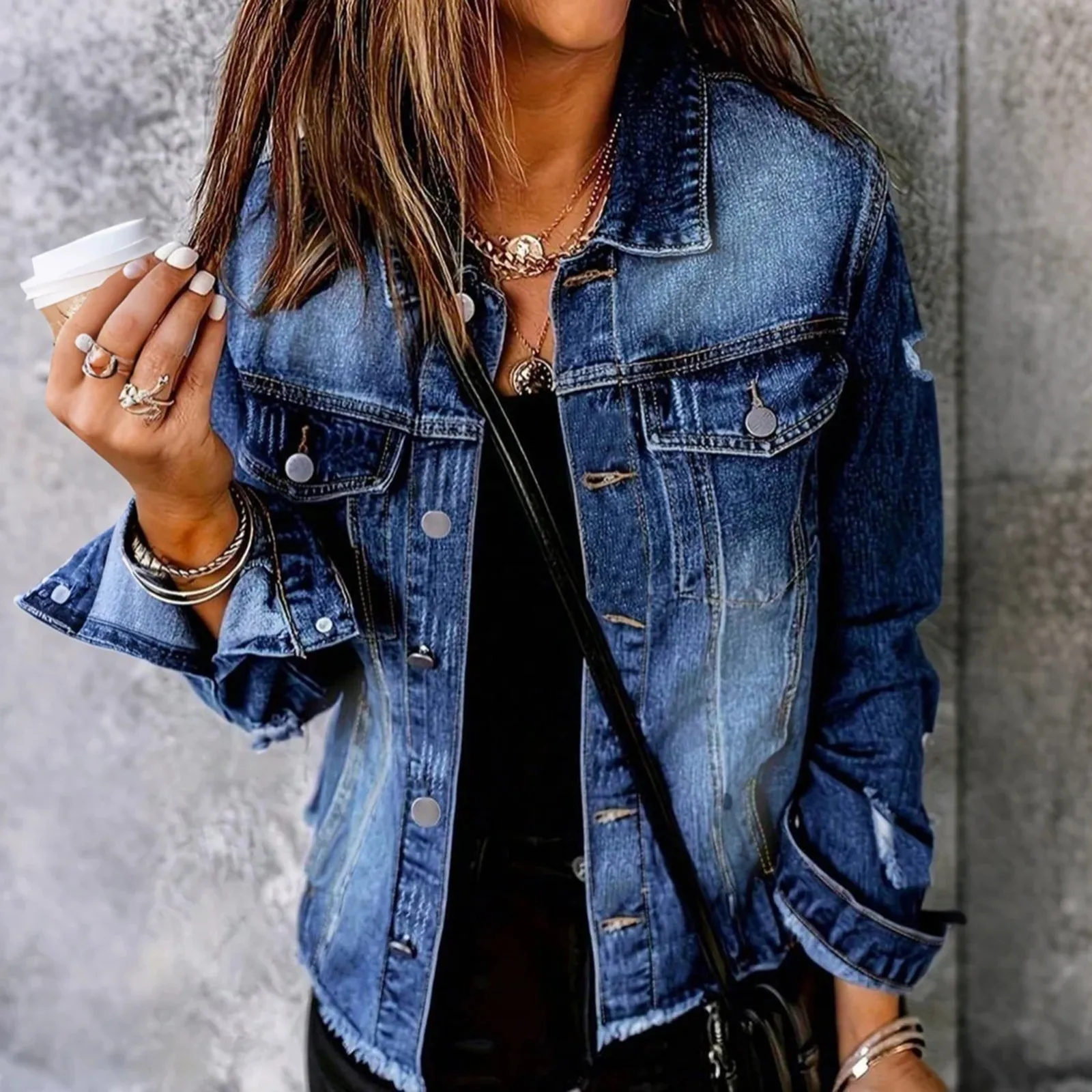 

Женская модная повседневная джинсовая куртка, весенне-осенняя однотонная однобортная джинсовая куртка с длинными рукавами, винтажная женская уличная одежда