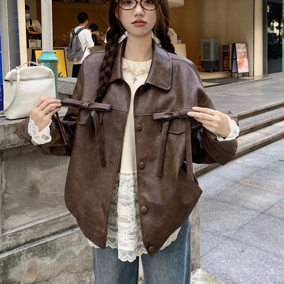 Women Faux PU Leather Coats Solid Jackets Bow Pocket Turn Down Collar Long Sleeves Single Breasted Loose Fit Casual 2026 Autumn