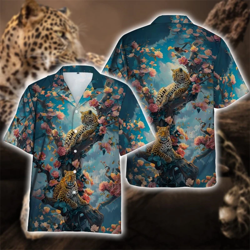 Hawaiian Tropic Jungle Leopard Graphic Blouses Wild Cat Animal Lapel Blouse Hip Hop Male Lapel Blouse Vacation Male Button Tops