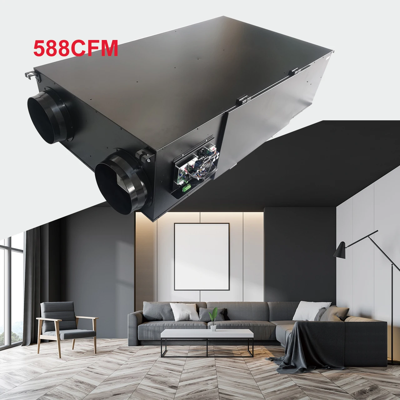 Sistema di ventilazione a recupero energetico 1000CMH montato a soffitto con filtro HEPA a recupero di calore per porta laterale e sensore di CO2