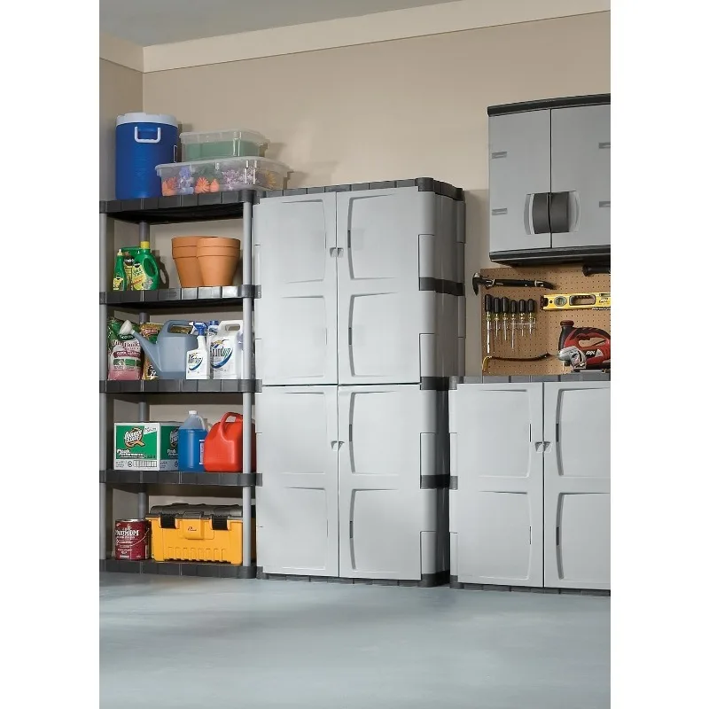 Gabinete de almacenamiento independiente, 5 estantes, doble puerta, bloqueable, gris, para garaje, herramientas de jardín al aire libre, accesorios eléctricos, superventas