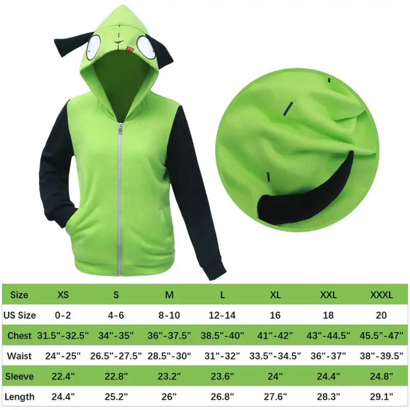 WENAM ZIM-Hoodie unissex com orelha para adulto, cachorro verde casual, moletom com capuz com zíper, traje Cosplay Halloween, jaqueta de desenhos