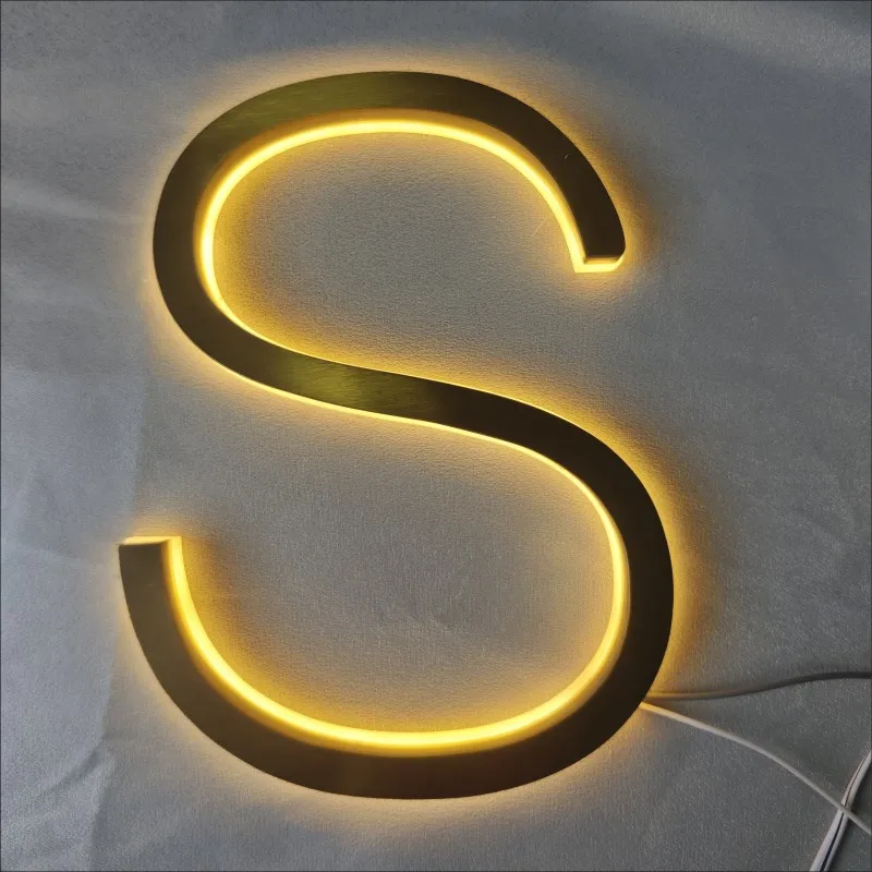 Custom Outdoor Backlit Gold Stainless Steel LED Letters 3D Rear Lighted Metal Shop Signs