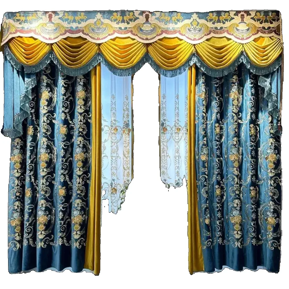 

American Retro Blue High-end Embroidered Velvet Curtains for Living Room Bedroom Balcony and Villa Customization Valance