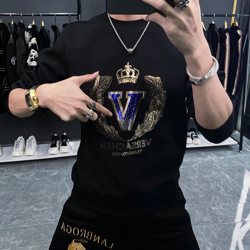 

Мужской свитшот на весну-осень с круглым вырезом, повседневный базовый топ, модный брендовый стильный топ с принтом из смесового полиэстера и хлопка с эластаном