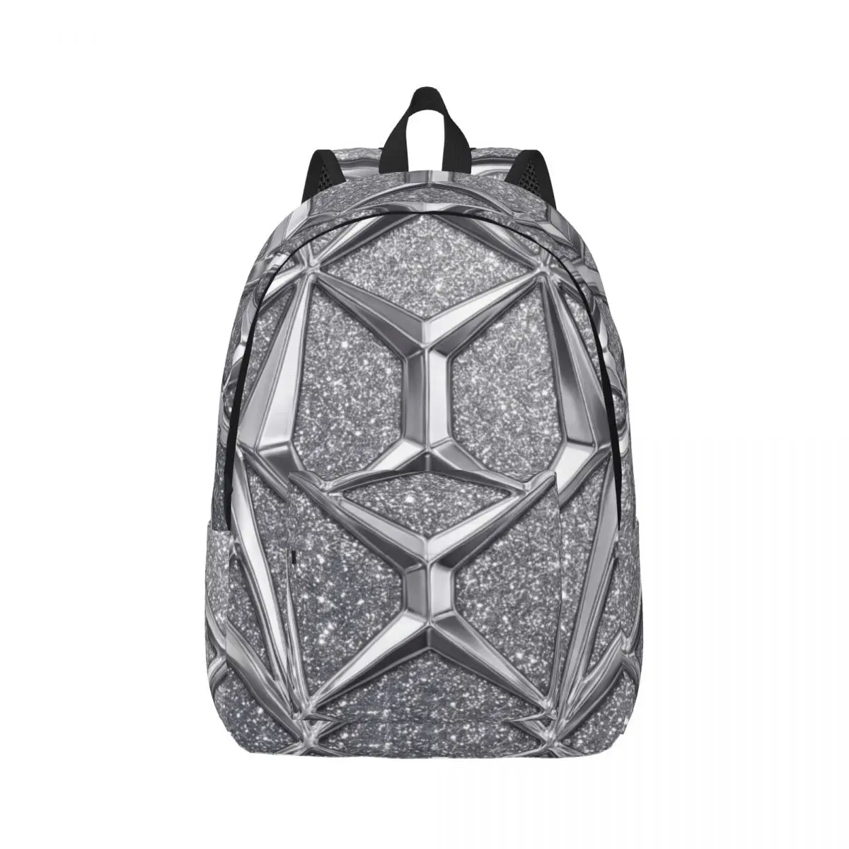 Custom Travel Daypack Allover Geometric Metallic Texture Shimmering Silver Slate Grey Printed Casual Backpack for Weekend Campus