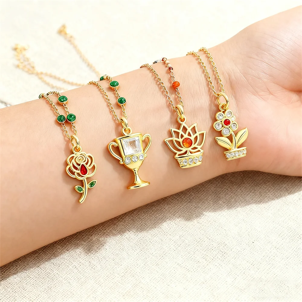 

2Pcs Pendants Brass Cubic Zirconia Lotus Trophy Cross Flower Tulip Charms for DIY Necklace Jewelry Making Women Men Accessories