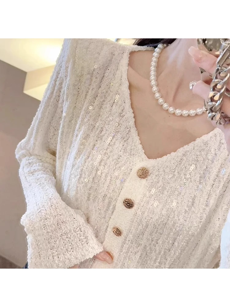 Short Bright Sequin V-Neck Knitted Open Cardigan Spring Autumn Slimming Thin Sweater Top for Women Fashionable Elegant