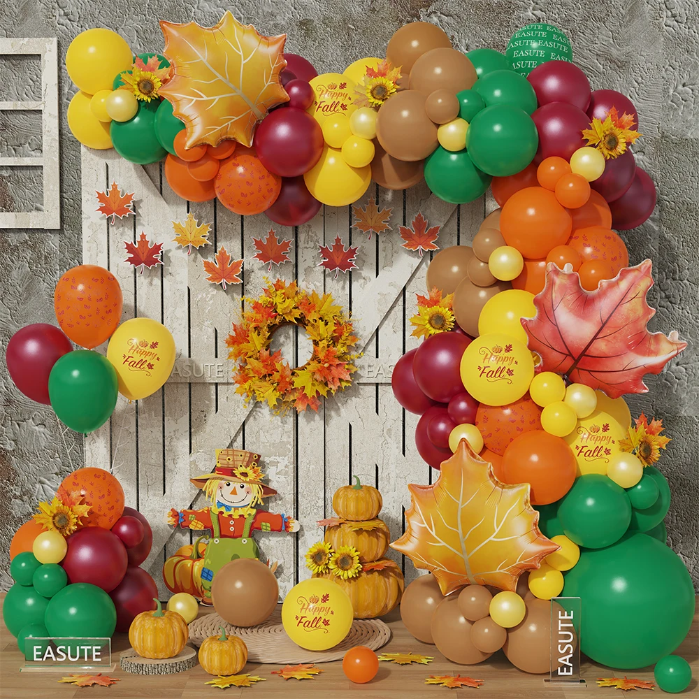 

112pcs Fall Thanksgiving Balloons Garland Kit Lemon Yellow Green Burgundy Balloon Arch Maple Leaf Foil Ball Autumn Harvest Decor