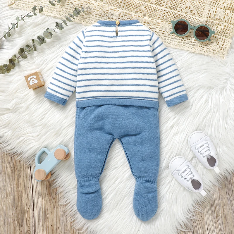 Baby Rompers Knit Infant Girl Boy Jumpsuit Fashion Striped Cute Cartoon Bear Newborn Kid Clothes Long Sleeve 0-18M Overalls Warm