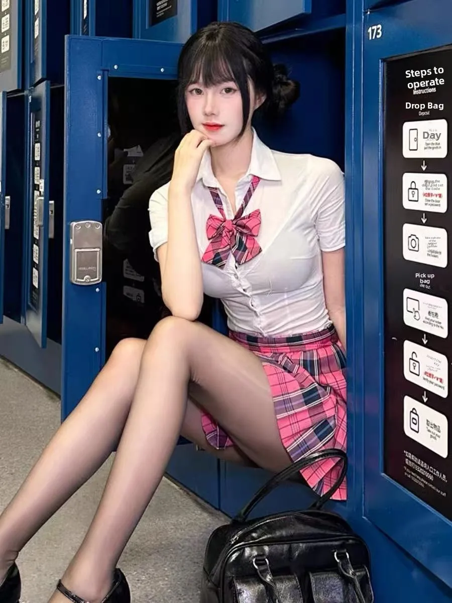 Original Spicy Girl White Waist-Cinching Shirt Pure Desire Slimming Short-Sleeve JK Uniform Set with Dog Short Pleated Skirt