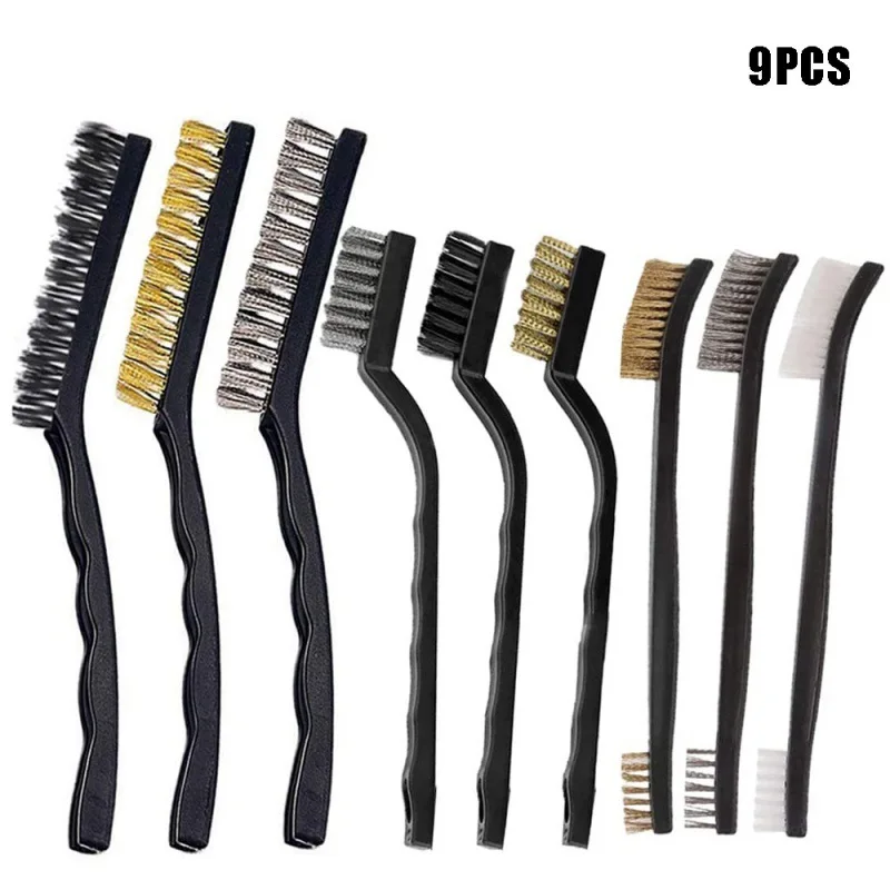 

9Pcs Brushes Cleaning Set Stainless Steel/Brass/Nylon Bristles Brushes Cleaning Set With Comfortable Grip Car Detailing Tools