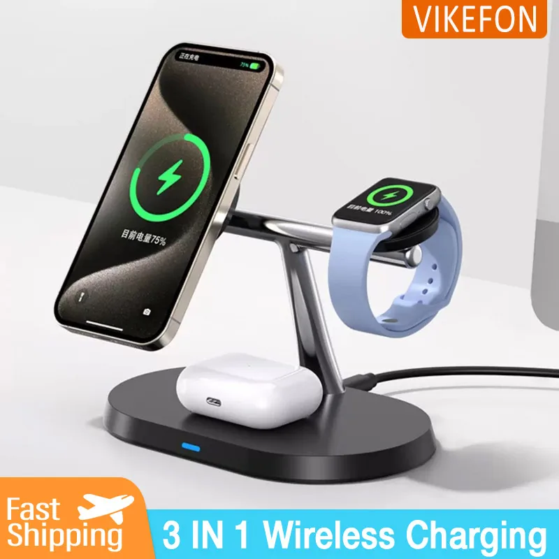 Magnetic Wireless Charger Desktop Stand For iPhone 15 14 13 12 Pro Max Apple Watch8/7/6 Airpods Pro 3 in 1 Fast Charging Station