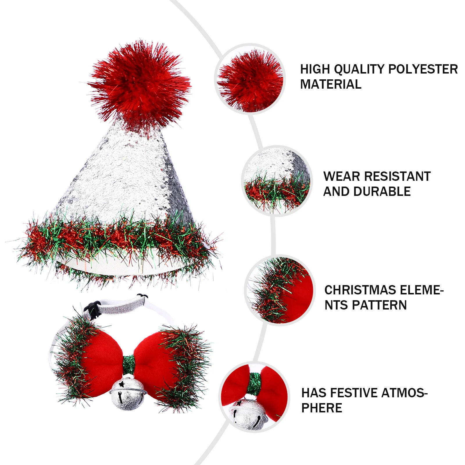 

2 pcs Christmas Pet Hat Bow Tie Set Polyester Durable Dog Costume Festive Bright Color Bell Design Pet Supplies For Dogs