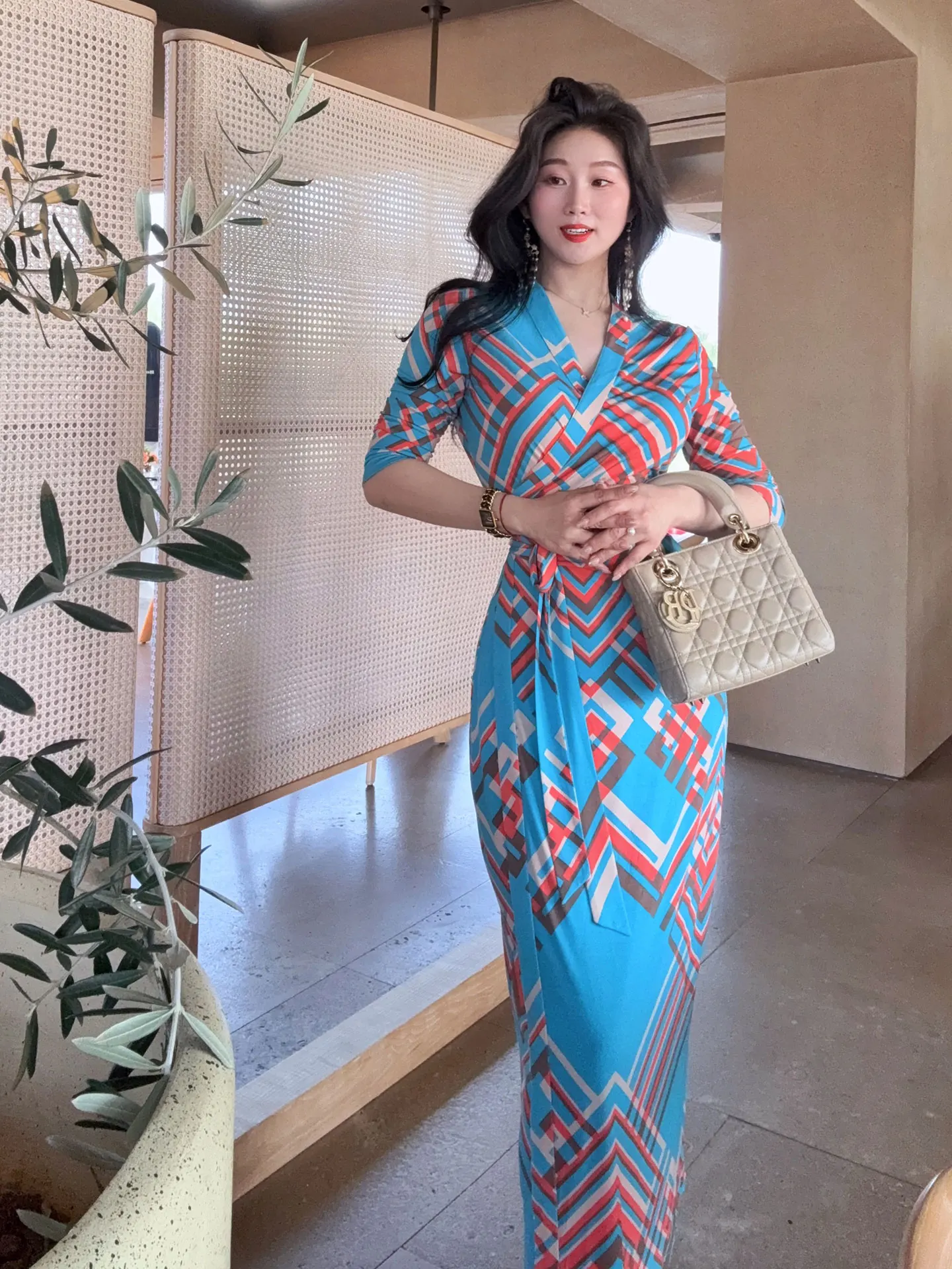 

YANGXIAOJING Blue Orange New Color Belted One-Piece Wrap Dress Elegant Slimming Holiday Long Dress for Women