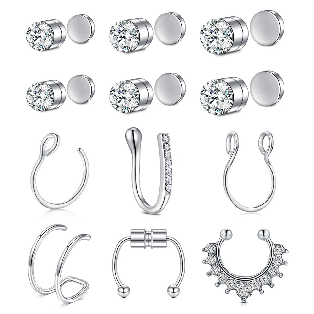 12Pcs/Set Fake Ear Ring Magnetic Studs Faux Non Pierced Ear Ring Ear Cuff No Piercing Magnetic Nose Studs CZ Dia 3/4/5mm