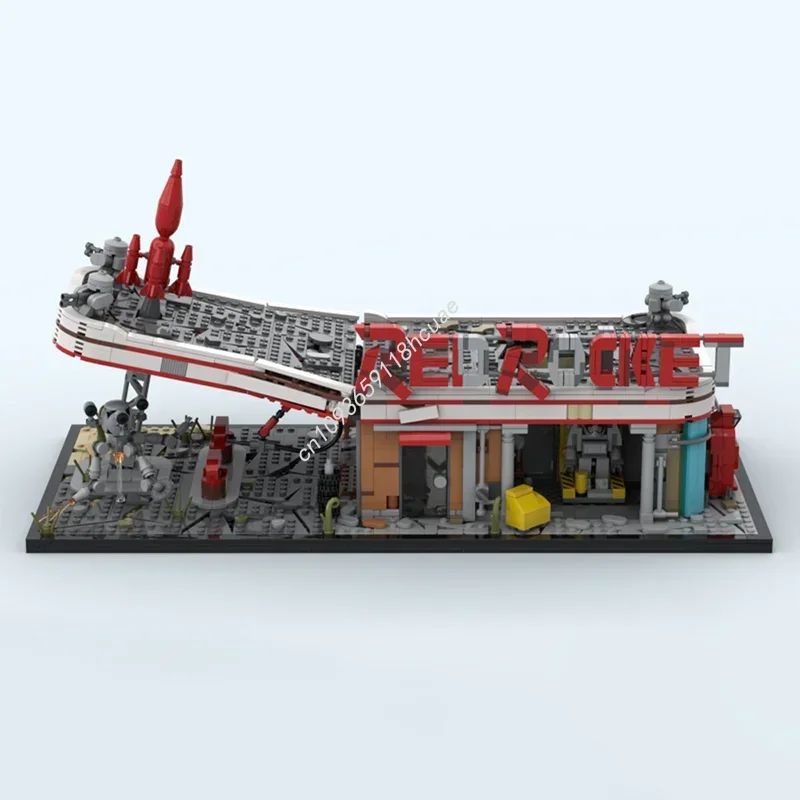 

Custom Modular Building Red Rocket Gas Station Street View Model Moc Building Block Diy Creative Assembly Bricks Kid Gift Toys