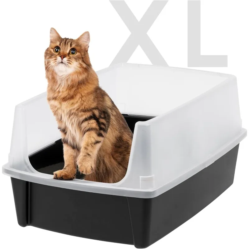 

USA Extra Large Cat Litter Box with Scatter Shield, Open Top High Sided Cat Litter Pan, Black