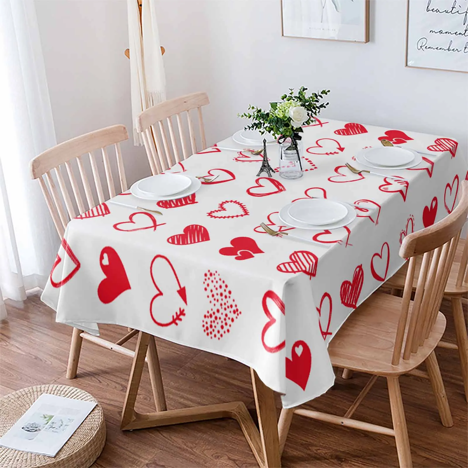 Valentine'S Day Love Heart Texture Red Table Cloth Waterproof Dining Tablecloth Kitchen Decorative Party Table Cover