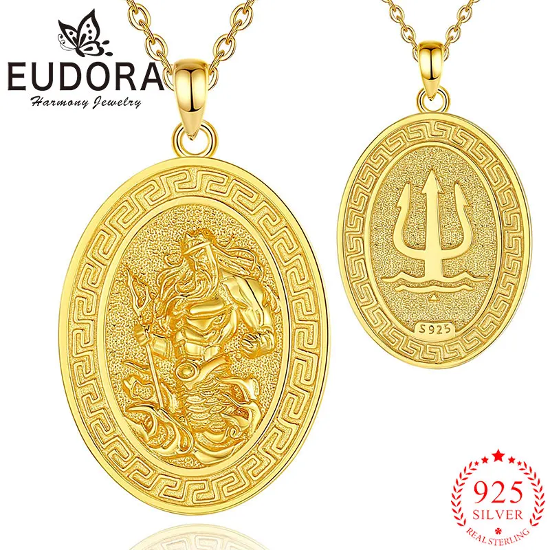 Eudora 925 Sterling Silver Poseidon Necklace 18K Gold Warrior Medallion Pendant Sea God Personality Jewelry Gift for Men Women