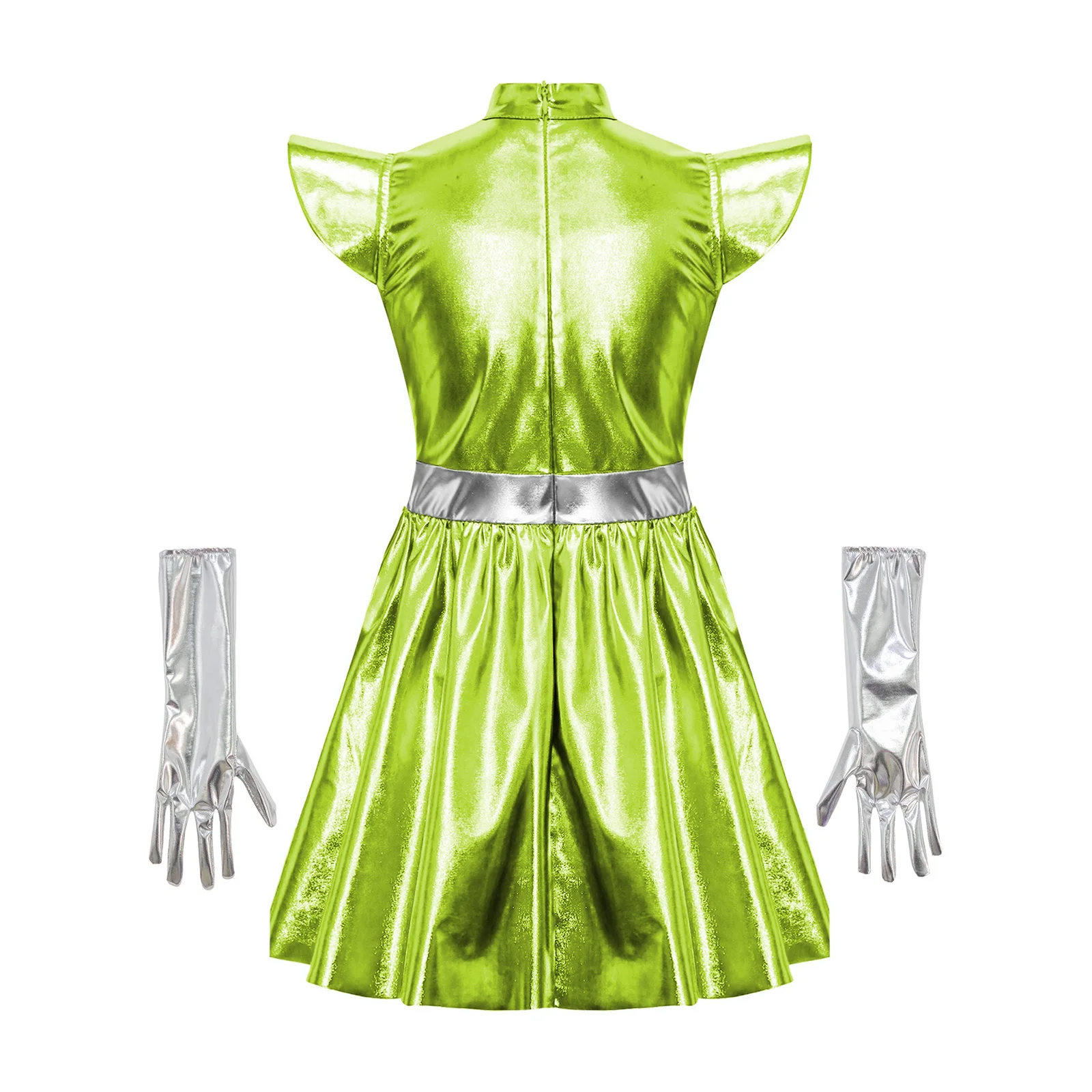 Kids Girls Halloween Space Alien Costume Metallic Shiny Zipper Dress with Gloves Robot Astronaut Galaxy Warrior Dress-up Clothes