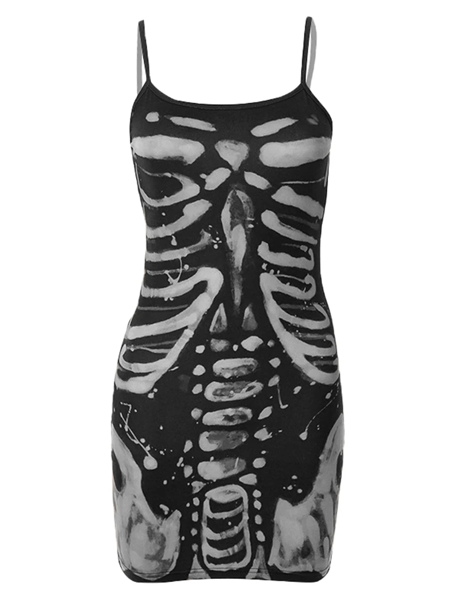 Women's Halloween Cosplay Dress Spaghetti Strap Sleeveless Human Bone Printed Human skeleton Mini Sling Dresses