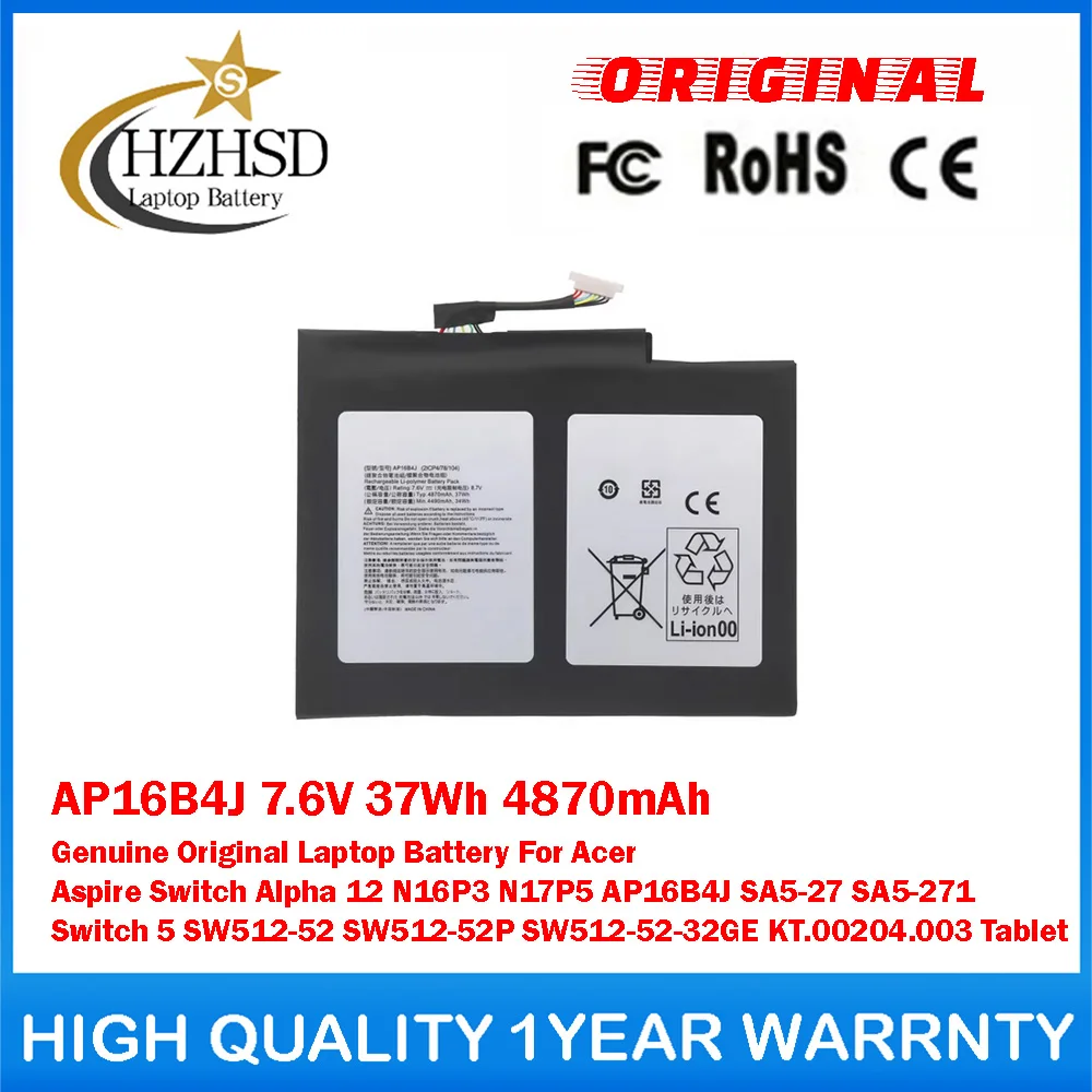 AP16B4J 7.6V 37Wh 4870mAh Genuine Original Laptop Battery For Acer Aspire Switch Alpha 12 N16P3 N17P5 AP16B4J SA5-271 5 SW512-52