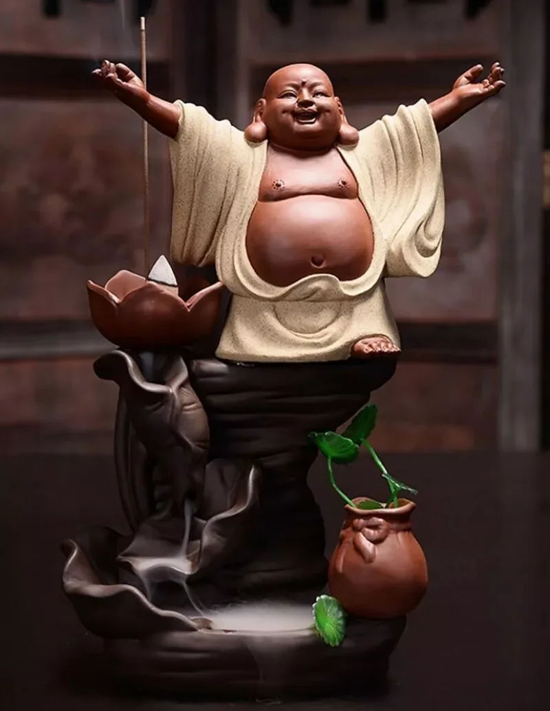 Chinese Zisha Backflow Incense Burner Maitreya Buddha Statue Feng Shui Zen Decor