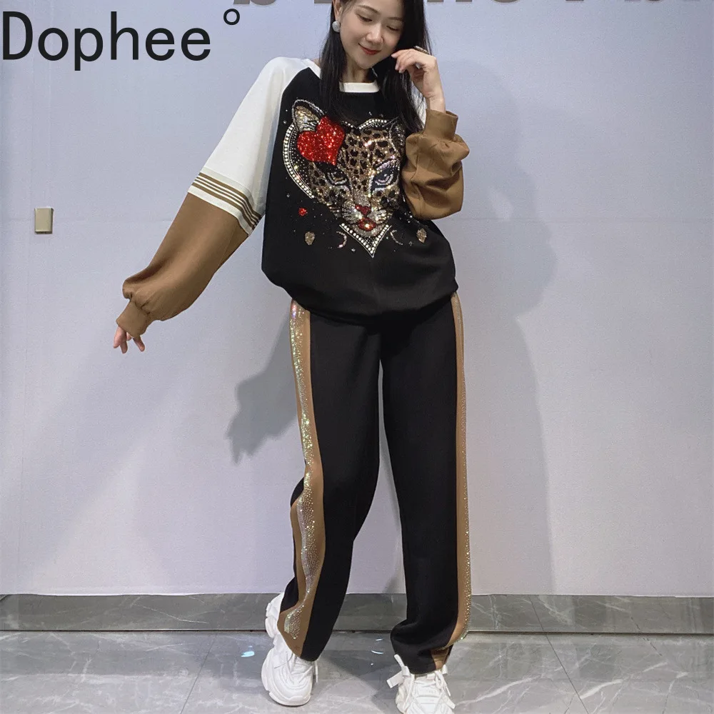 

Fashion Space Cotton Women Hoodie Sets Contrast Color Long Sleeve Diamonds Pullover Top+Shiny Hot Drilling Casual Straight Pants