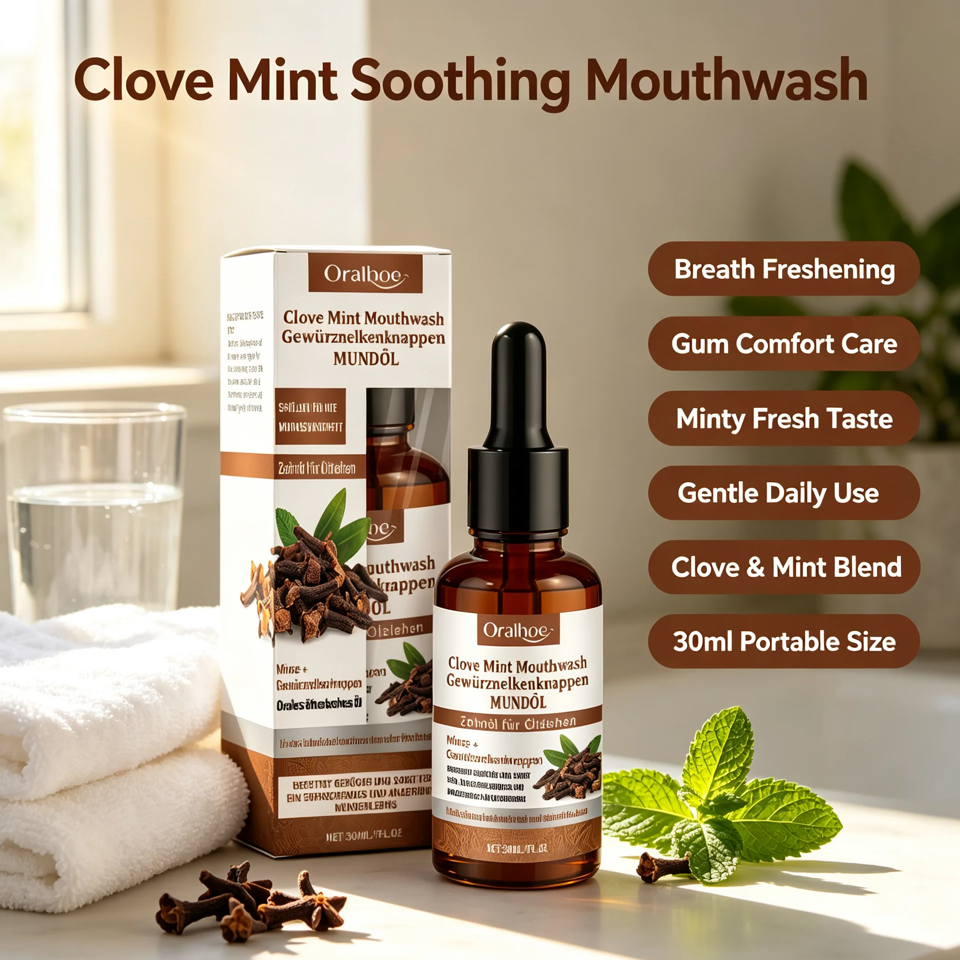 Clove Mint Soothing Mouthwash Alcohol Free Herbal Oral Rinse Fresh Breath Remove Bad Breath Gentle Gum Care Oral Cleaning Liquid