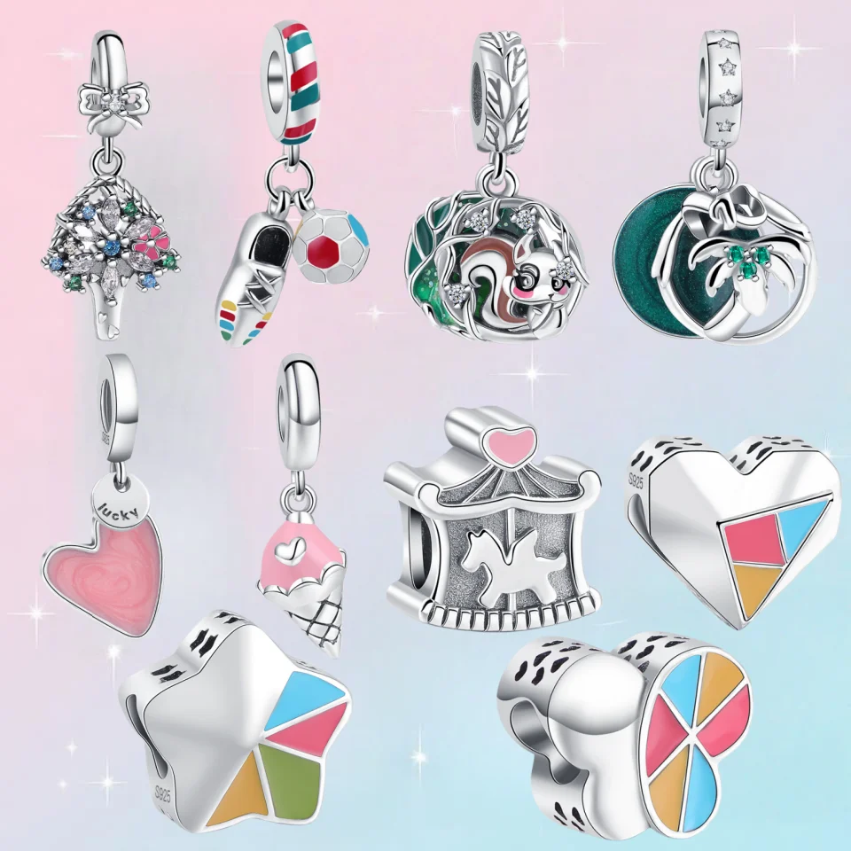 

Original 925 Sterling Silver Pink Series Heart Pendant Bead DIY Charms Bracelet Fit Women Girl Fashion Jewelry Accessories Gift