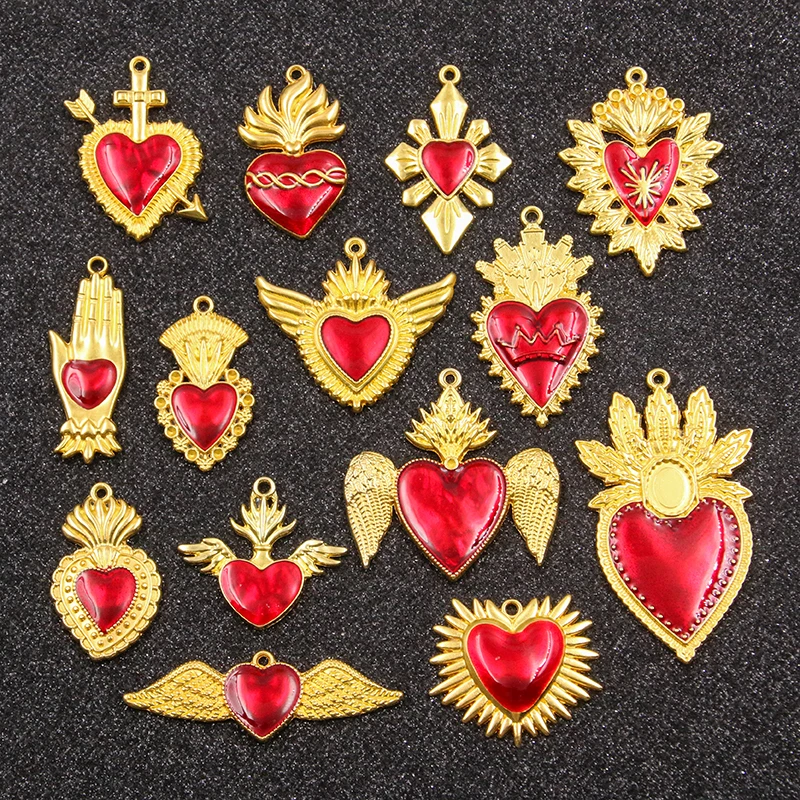 5PCS 14 Styles Mixed Alloy Drop Oil Red Gold Heart Skull Wing Charms For Jewelry Making DIY Handmade Animal Halloween Pendant