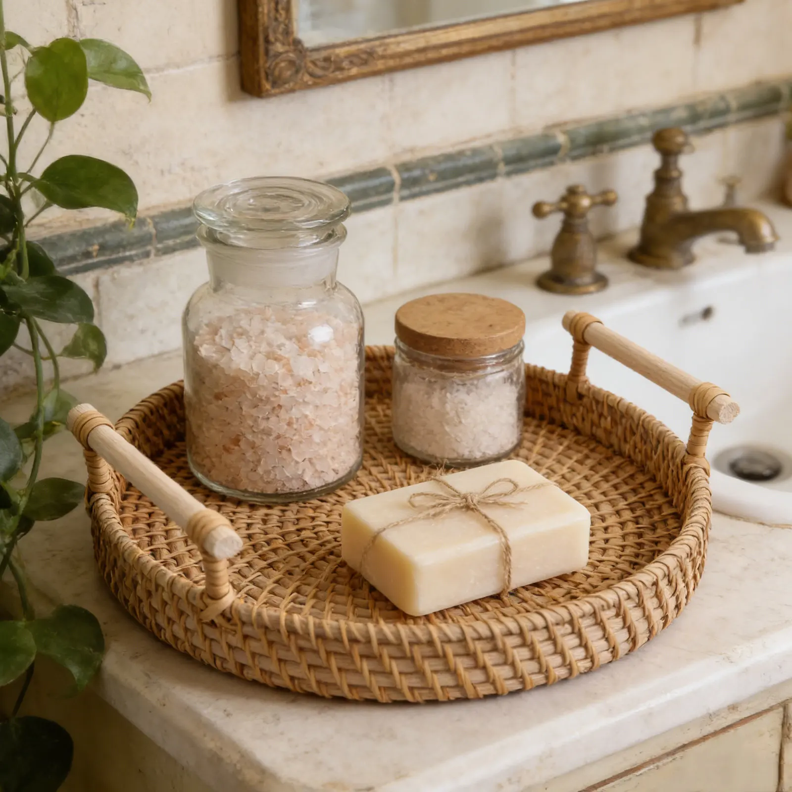 

2Pcs Round Rattan Bathroom Vanity Tray Rustic Countertop Organizer Basket Handwoven Tray for Towels Toiletries Perfume Coffee