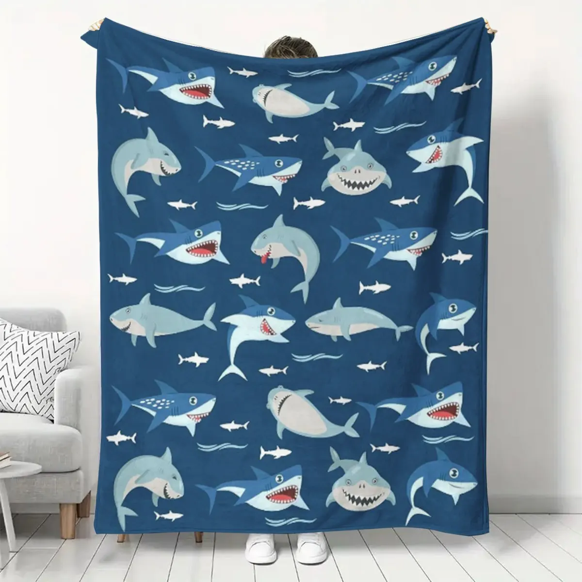 Aesthetic Sea Sharks Blanket Cozy Plush Couch Throw Cover Soft Bed Decor Blue Animal Nap Blanket For All Season Bedding
