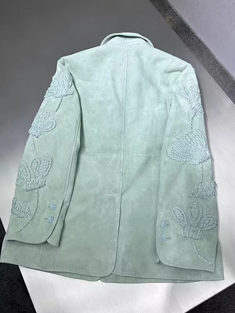 Women Luxury Genuine Leather Jacket High-Quality Embroidered Floral Sheepskin Jackets Pocket Single Breasted Lapel Loose Coat