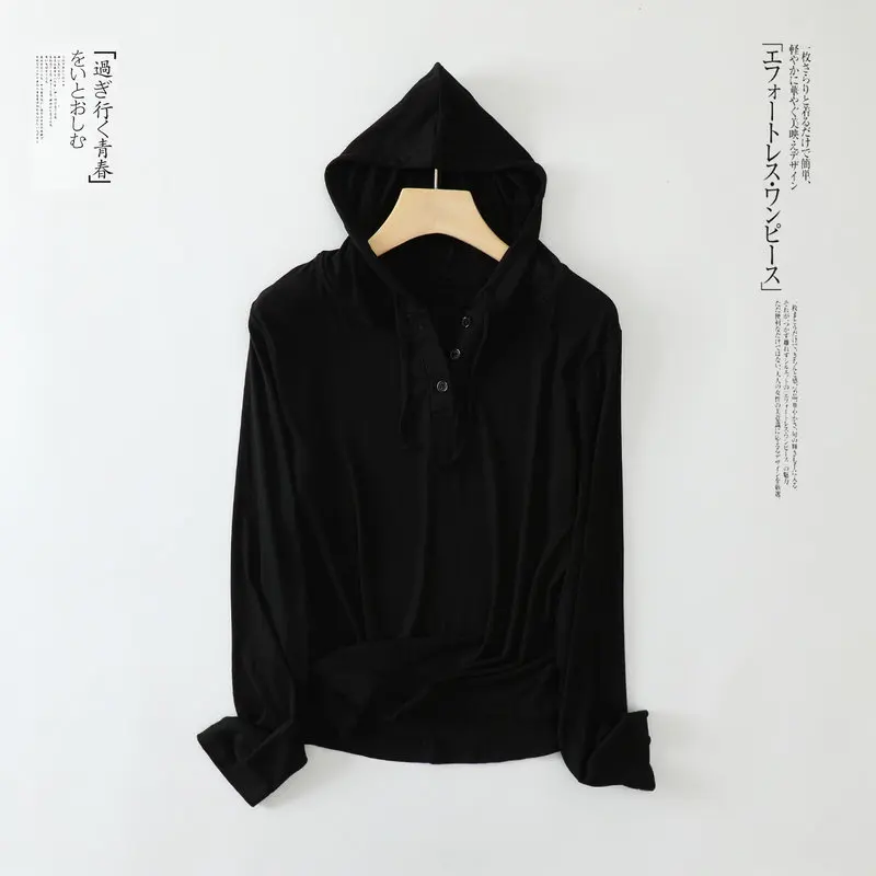 Autumn Rib cotton Buttons Hooded T-shirt Long sleeves casual Tshirt Solid color Women streetwear Tee Tops