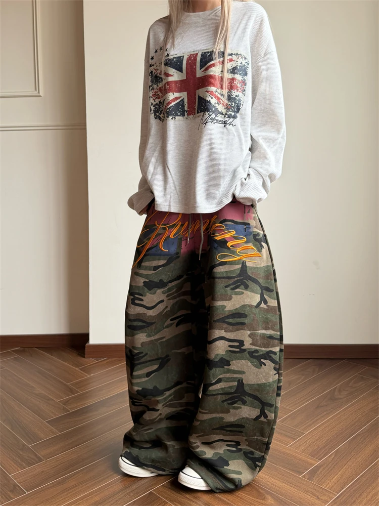 Women's Letter Embroidery Camouflage  Pants 90s Women Bottoms Y2k Casual High Waisted Sweatpants Female Wide Leg Trousers