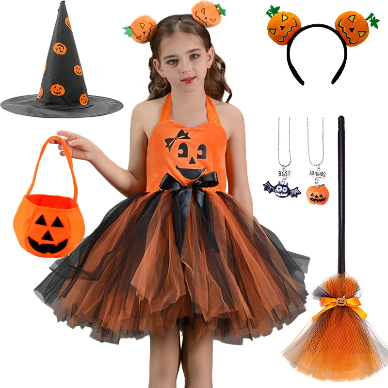 فستان ساحر برتقالي للأطفال ، تول منفوش ، ضوء ليد ، فستان مهرجان ، كوسبلاي للهالوين ، حفلة تنكرية ، يقطين ، مصاص دماء شرير ،