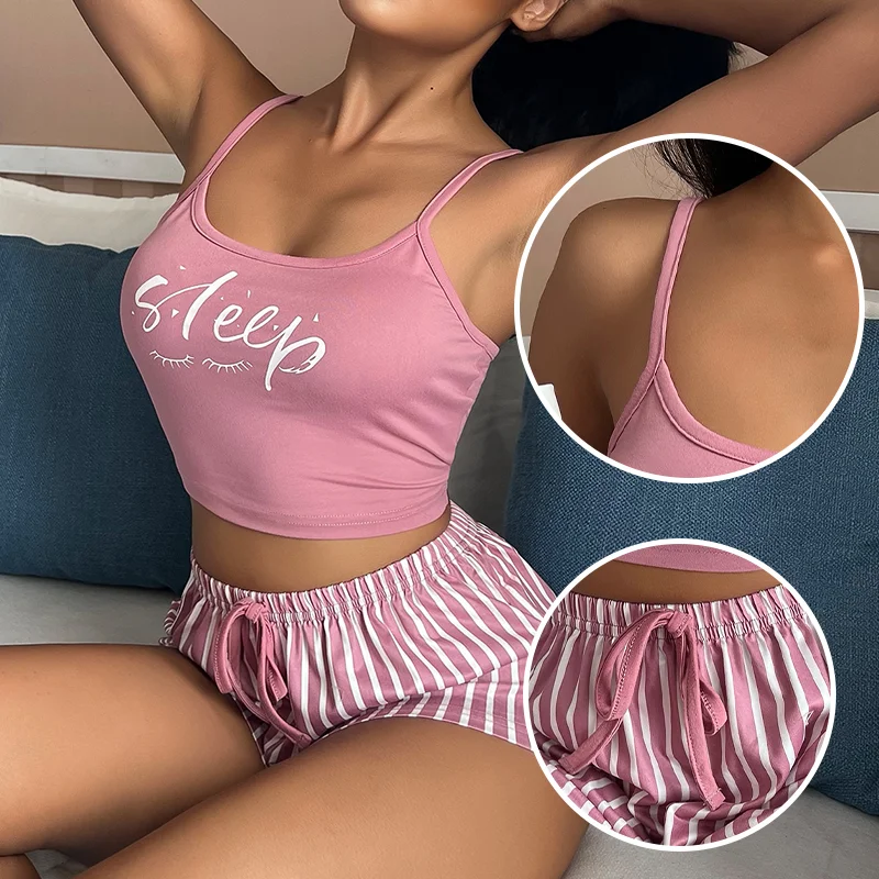 

Женская летняя повседневная пижама с розовым принтом на подтяжках с буквами в сочетании с полосатыми шортами Женский пижамный комплект Комплект из двух предметов