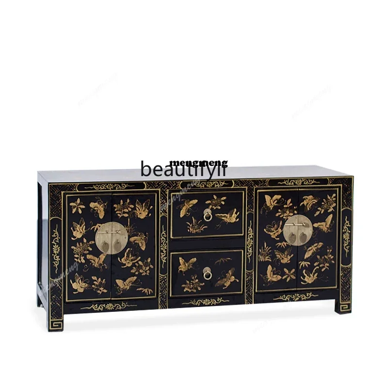 ss8350 Chinese side cabinet solid wood retro TV, black paint gold floor, low cabinet, locker, elm foyer cabinet