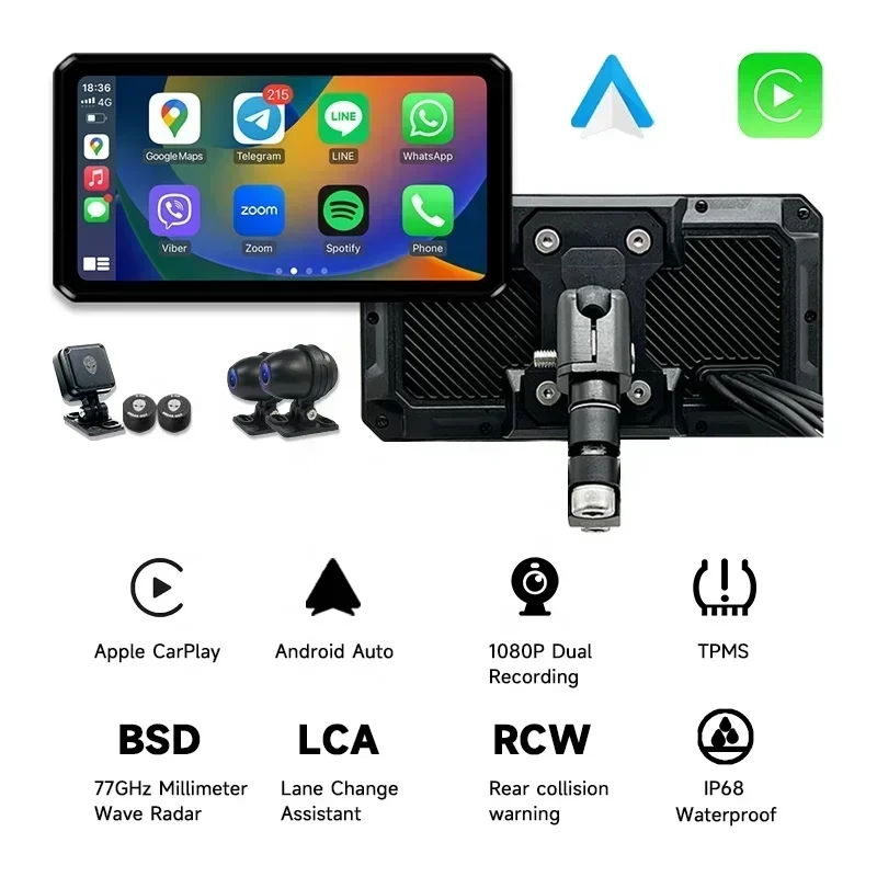 AlienRider M12 Pro Motorcycle Carplay Navigation Dash Cam With 6 Inch Touch Screen Dual Recording  BSD 77G Millimeter Wave Radar