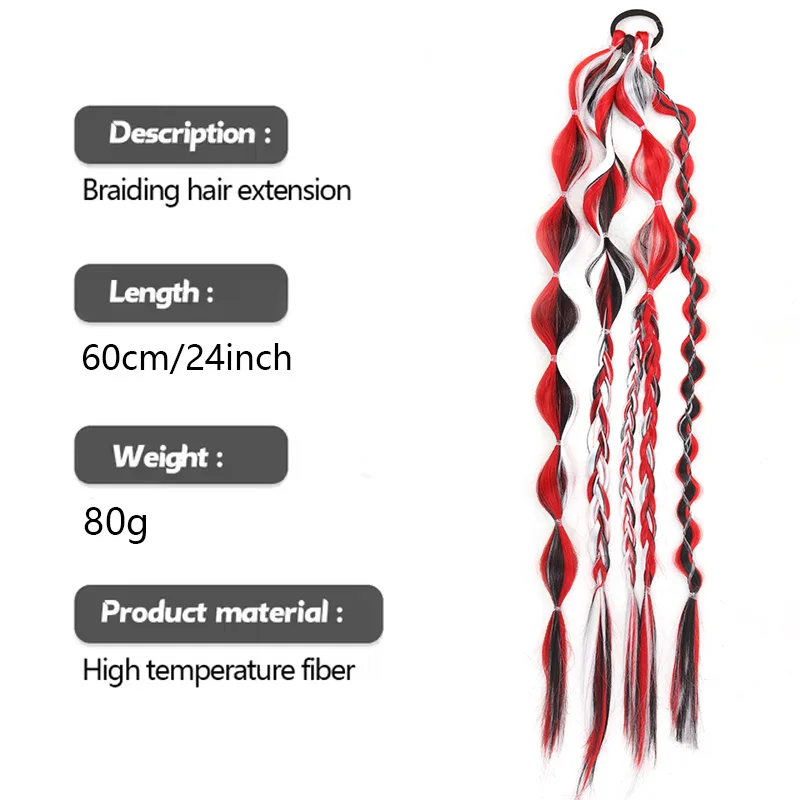 24 Inch Red Black Ombre Bubble Braids Ponytail Synthetic Extension Elastic Band Y2K Gothic Party Cosplay Hairpiece